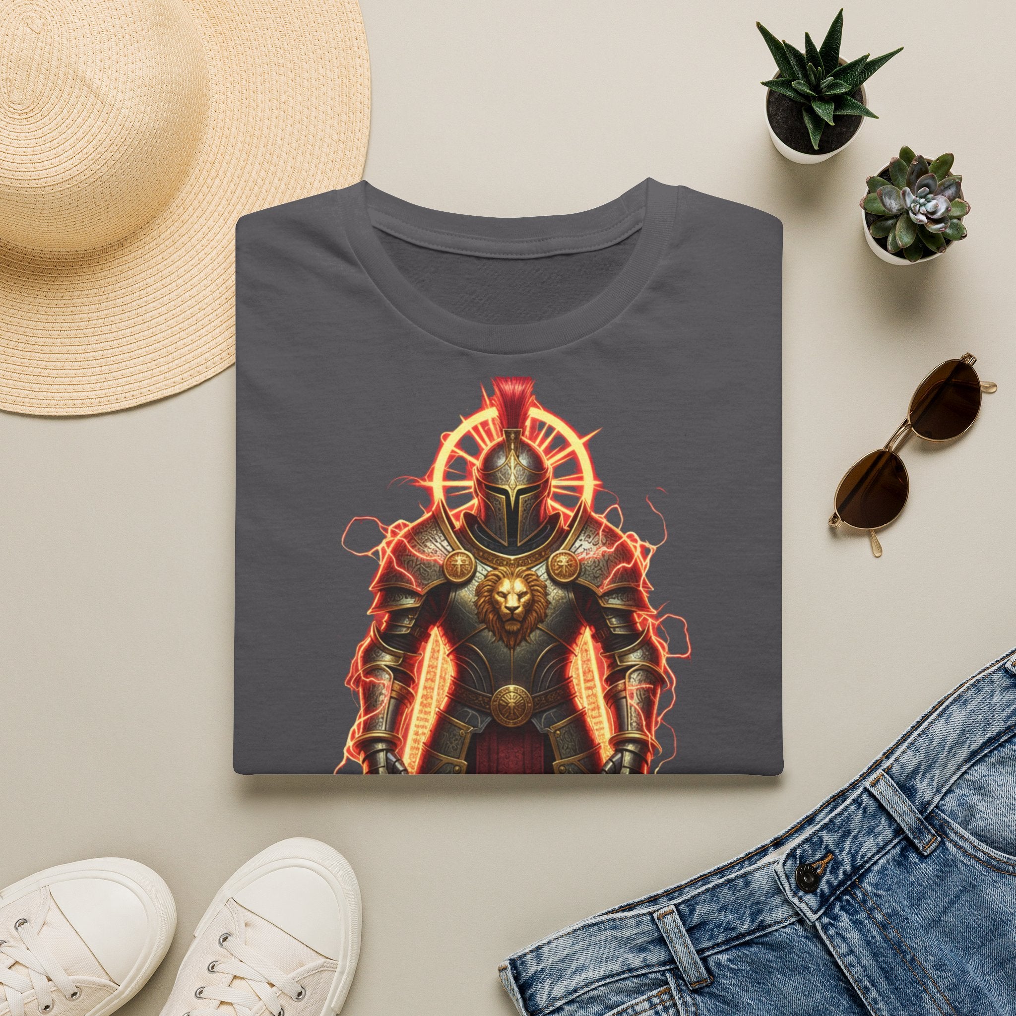 Knight of Flame Graphic T-Shirt — Fiery Medieval Armor Tee